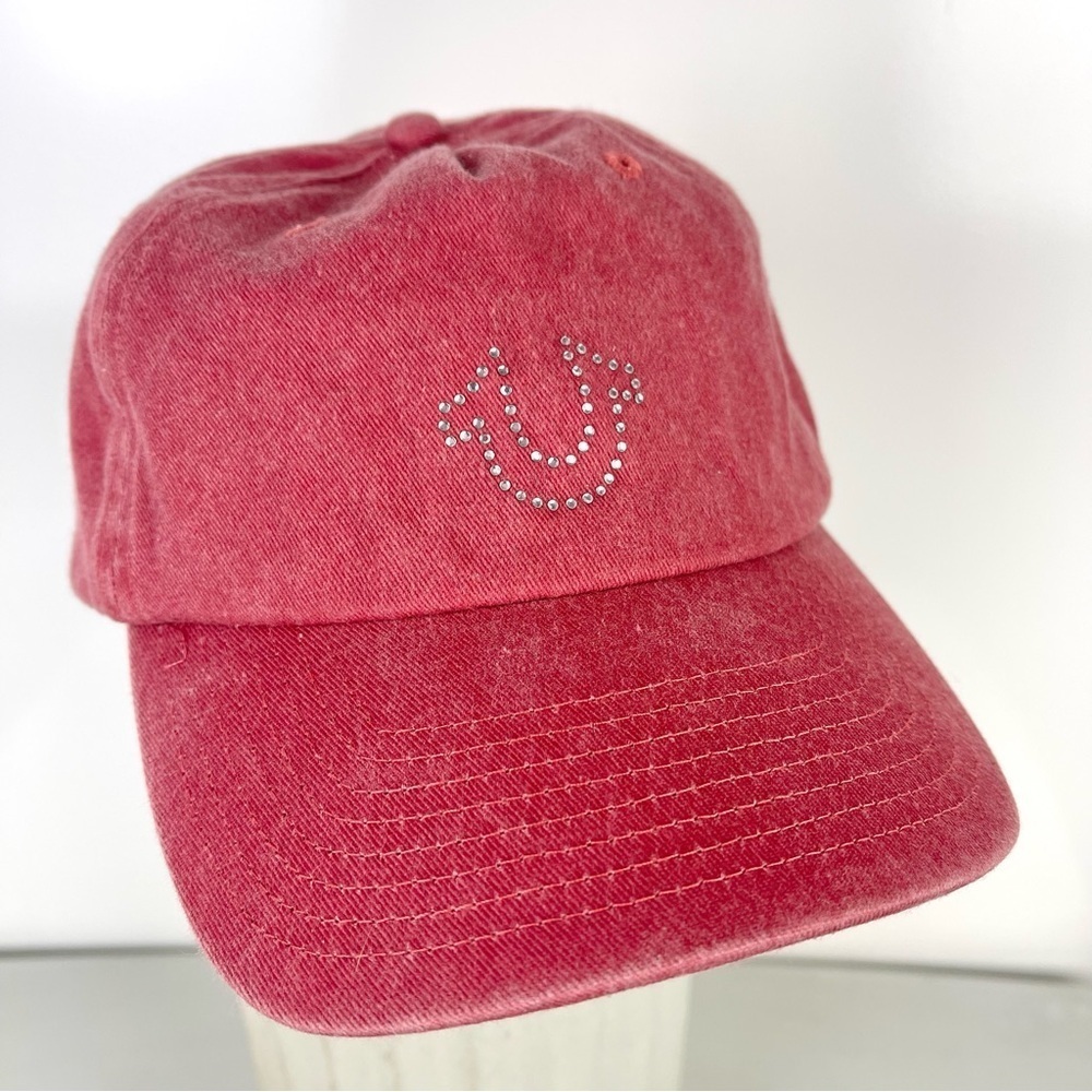 True Religion Wash Red Baseball Dad Hat Crystal Horseshoe Bling Logo One Size